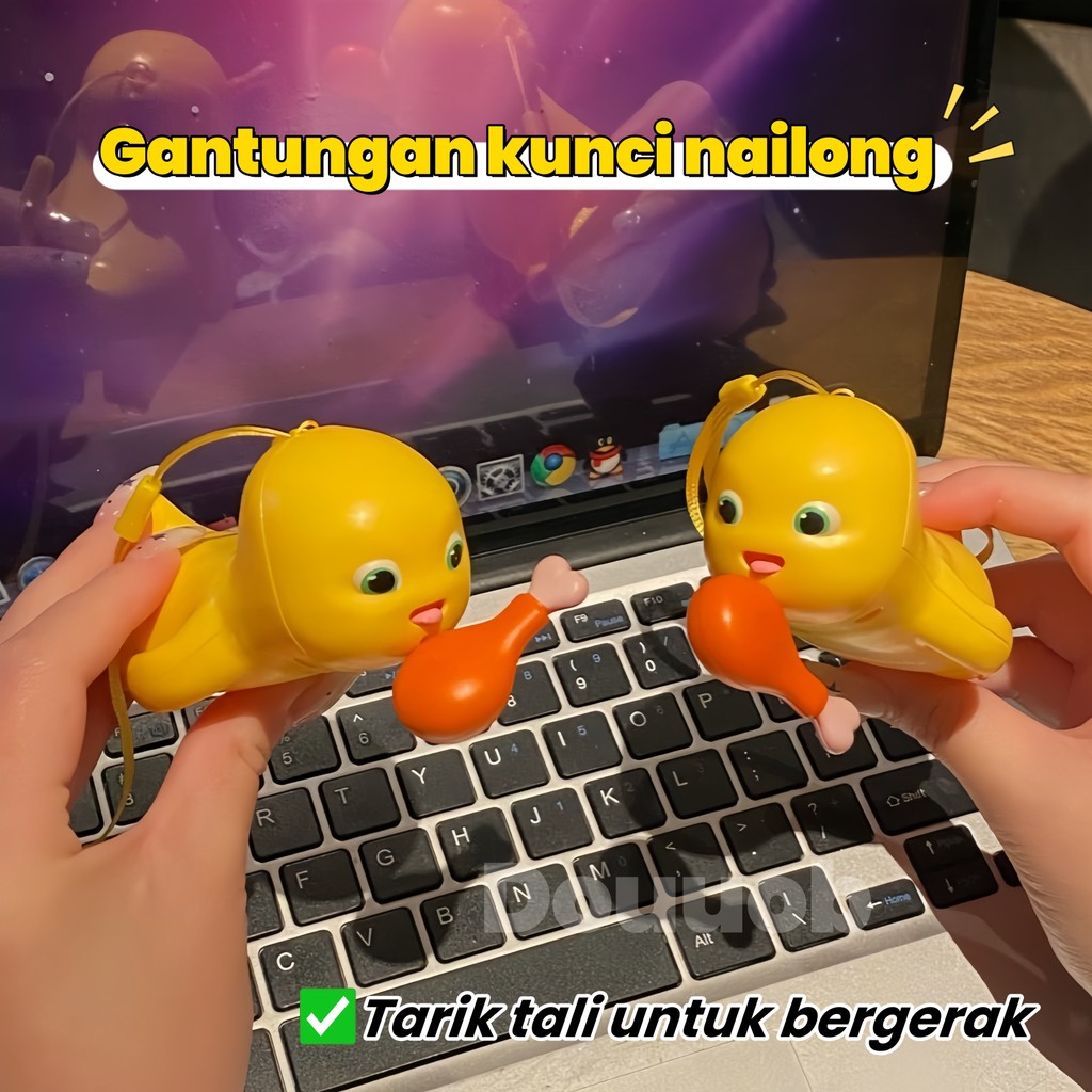 Dino kuning❤️Gantangan Kunci Nailong Kawat Tarik Kartun Lucu Keychain Gigit paha ayam Nailong dengan