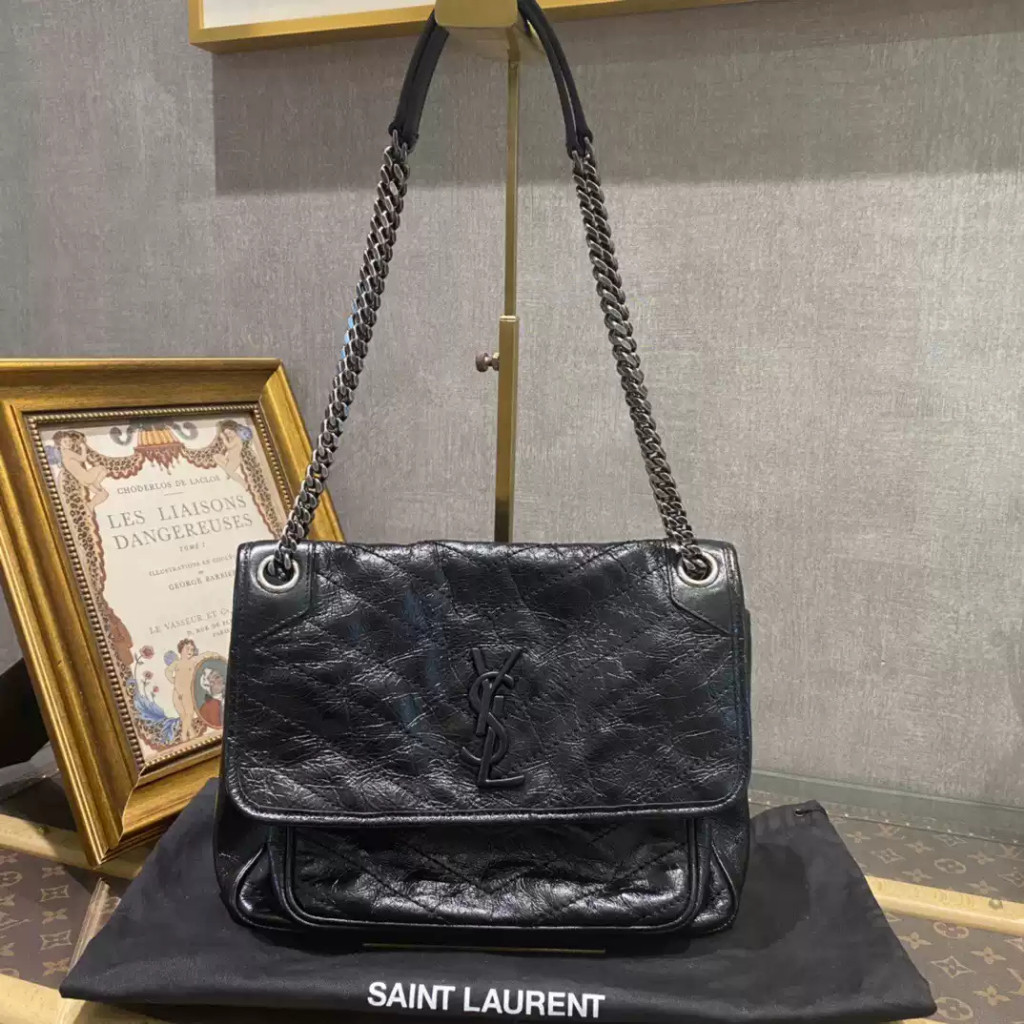 【bekas asli】（633158） Yves Saint Laurent NIKI tas tangan kulit retro/tas hobo rantai perak label hita