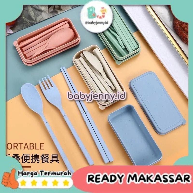 [babyjenny.id] J230 Sendok Set Lipat Travel / Sendok Garpu Sumpit Lipat / Sendok Jerami Set 3 in 1