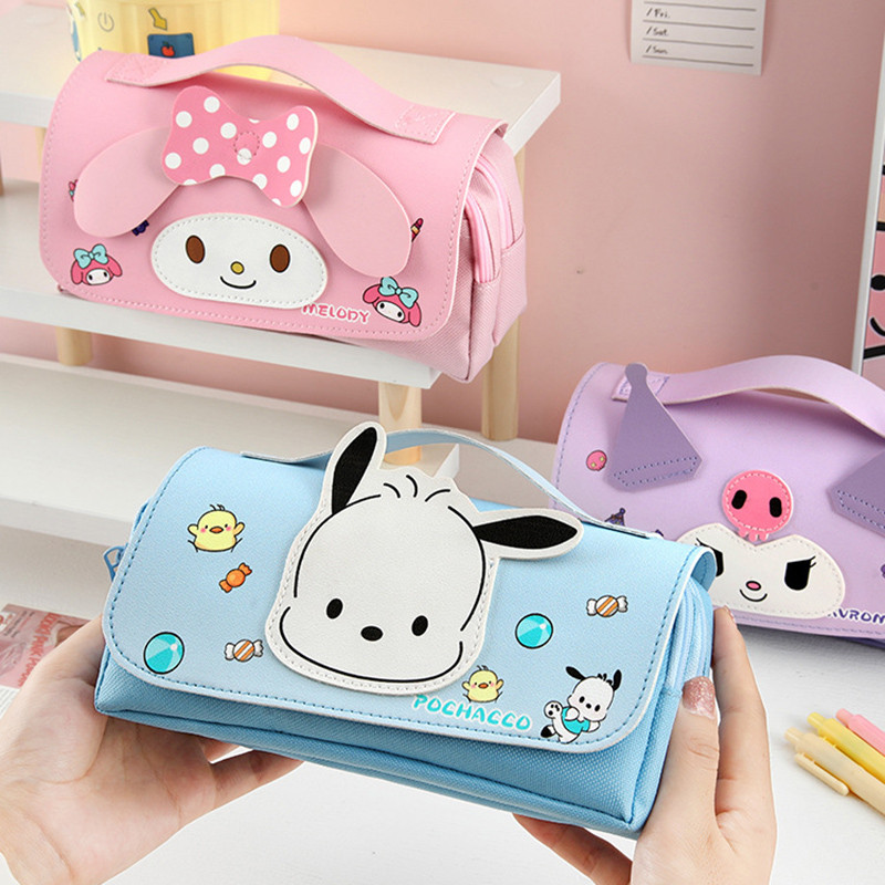 

Cartoon Cinnamoroll Pencil Case Big Eared Dog Double-Layer Pencil Bag Student Multifunctional Pen Box Kuromi My Melody Gift