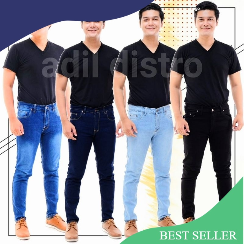 Celana jeans pria slim fit pensil panjang bahan jins denim karet ngaret melar warna hitam biru muda 