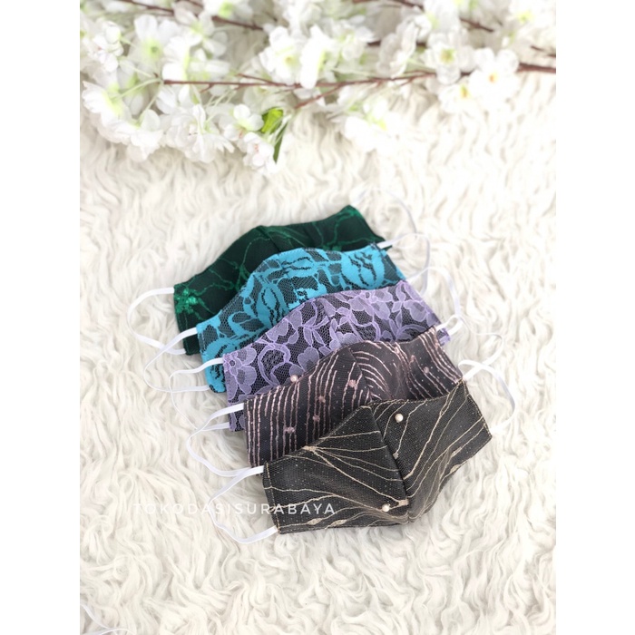 Masker fashion kain 3ply lace brukat earloop/ headloop hijau biru ungu