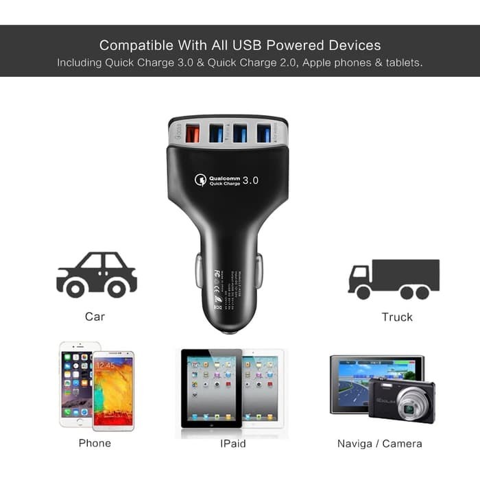 Ambar Qualcomm Quick Charge QC 3.0 Car Charger 4 Port USB Fast Charger Mobil