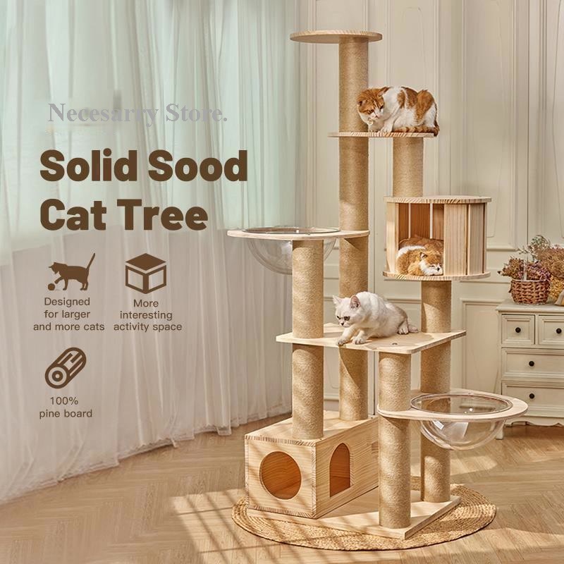 Osti Pohon Kucing Kayu Pinus Kapsul Ruang Ganda Mewah untuk Beberapa Kucing Semua Dalam Satu Menara 