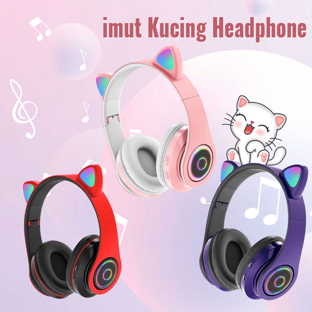 Cute Headphone Gaming Bluetooth Wireless Cat Ear Headphone Kucing LED Wireless Stereo Bass