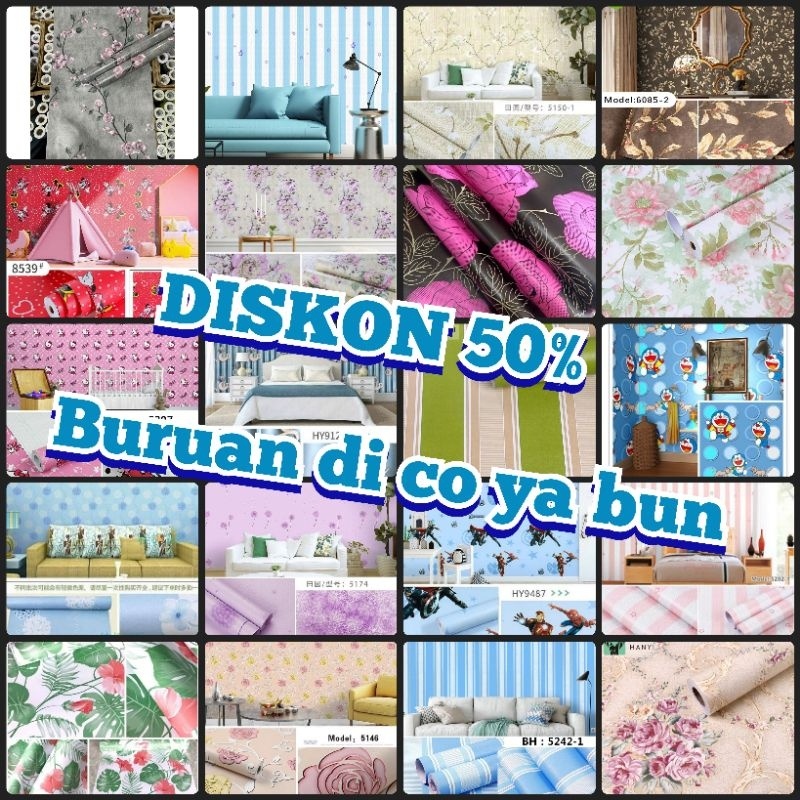DISKON 50% Ni Bosqu // Terlaris Wallpaper Sticker Dinding Murah MOTIF Bunga Batik Salur Karakter Gar