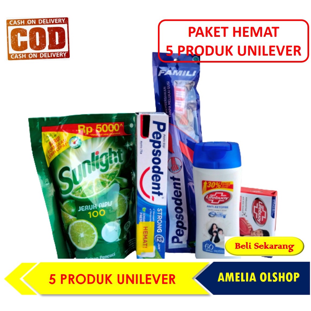 PAKET HEMAT 5 PRODUK UNILEVER  SHAMPO - ODOL / PASTA GIGI - SIKAT GIGI DAN CAIRAN PENCUCI PIRING