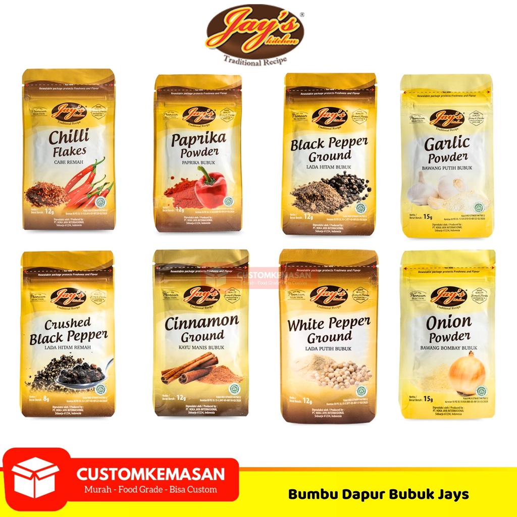

Bumbu Dapur Bubuk Jay's / Cabai Bubuk / Paprika Bubuk / Bawang Putih Bubuk/ Lada Bubuk / Bumbu Dapur Pouch / Bumbu Dapur Bubuk Kemasan