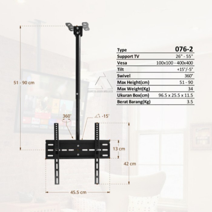 Bracket TV Gantung Plafon/Ceiling TV 26-55"