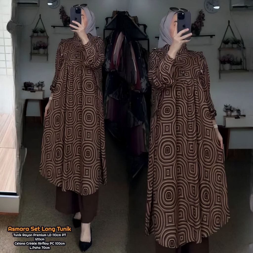 Asmara Set - One Set Wanita Long Tunik Rayon Premium Setelan Wanita Kekinian Lengan Panjang LD110 cm