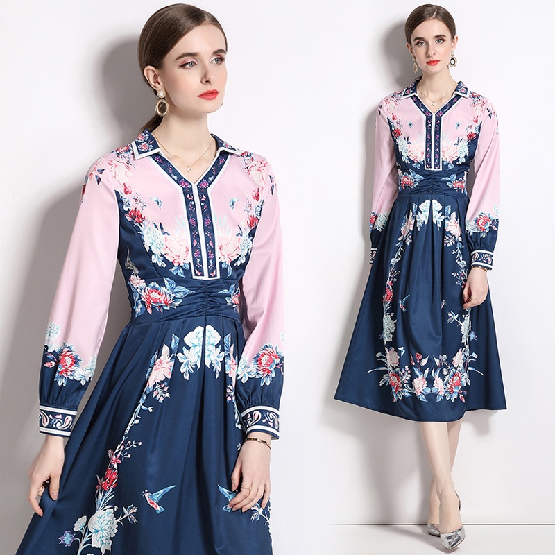 CLARAdiva Gaun Tunik Midi Pink Biru Bunga V neck Busui Print Terbaru Wanita 8677 Pink Navy