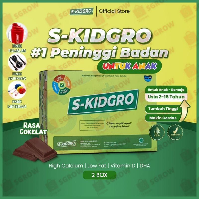 S-KIDGRO - Suplemen Peninggi Badan Anak Terbaik ( Paket Gold 2 Box ) FREE SKIPPING + METERAN + TUMBLER JM AJB