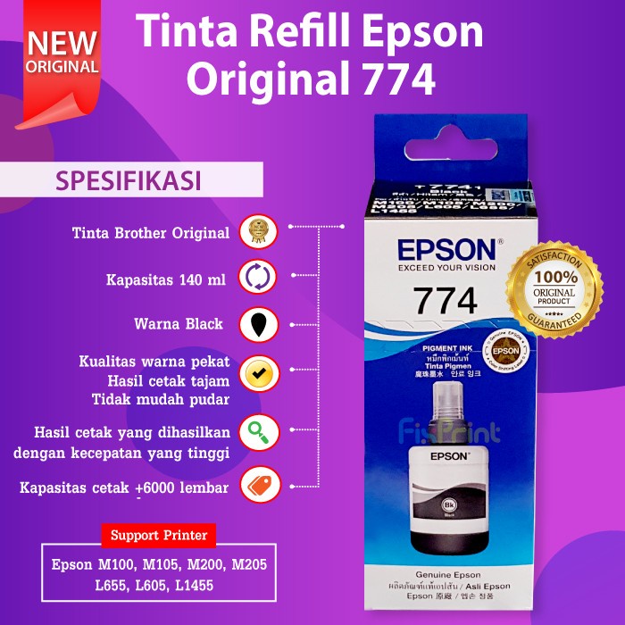 Tinta Original Epson Ink C13T774100 Original Ori Tinta 774 T7741 Printer L1455 M100 M105 M200 M205 L