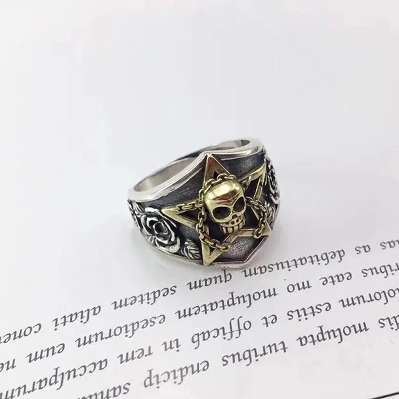 Cincin Tengkorak Viking Perak Murni 925 Asli dengan Pentagram Gothic Punk Rock Ukiran Bunga Mawar Ta