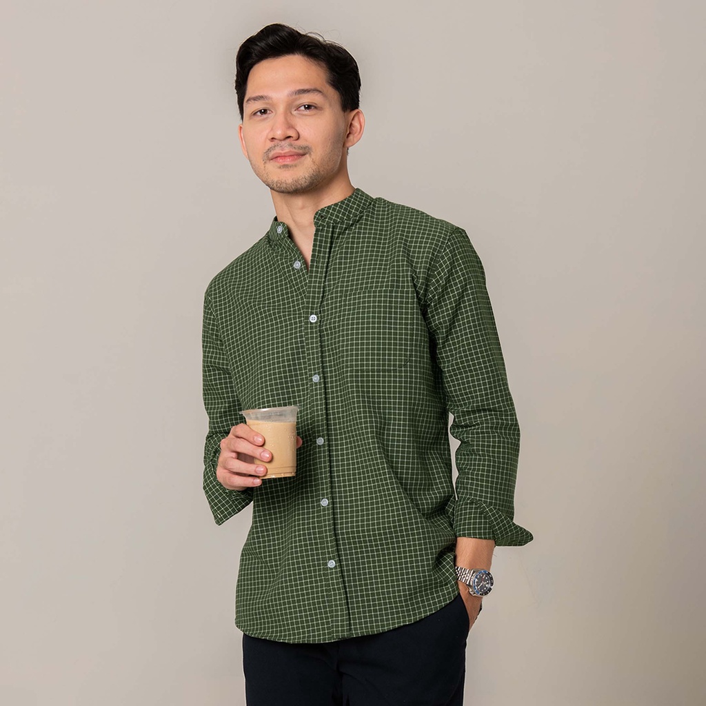 Kemeja Kotak Garis Pria WOODCUTTER Plaid Collarless Shirt Kerah Shanghai - Green Lengan Panjang