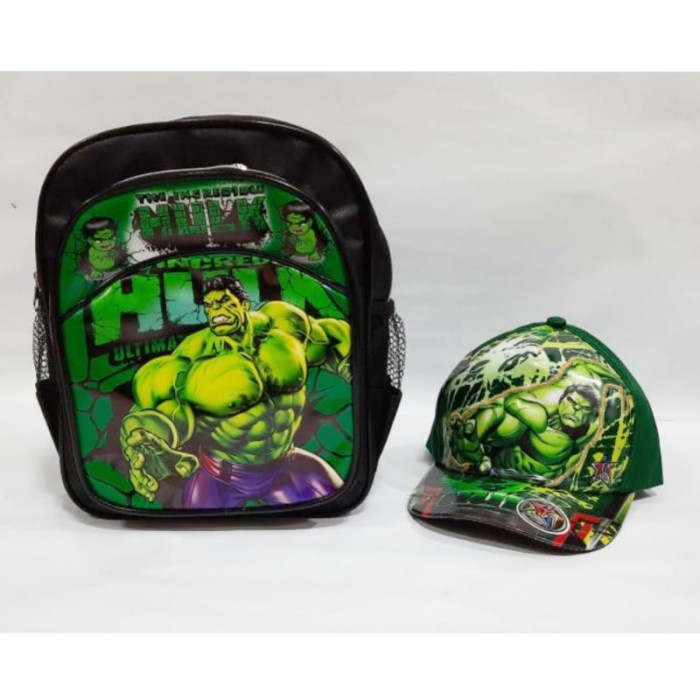 Paket kado Topi Tas ransel anak TK karakter Superhero Hulk hijau hitam - Hitam