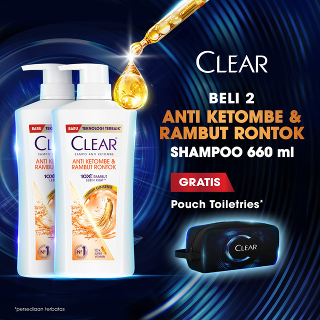 Beli 2 CLEAR Shampoo Anti Ketombe dan Rambut Rontok 660ml GRATIS Clear Pouch Toiletteries