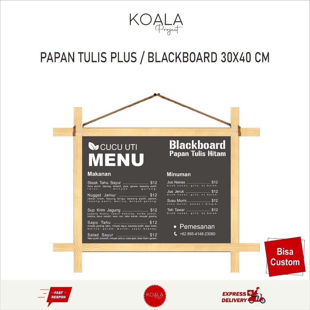 

PAPAN TULIS PLUS TALI RAMI GANTUNG 30x40 CM - KOALA PROJECT / Jati Belanda