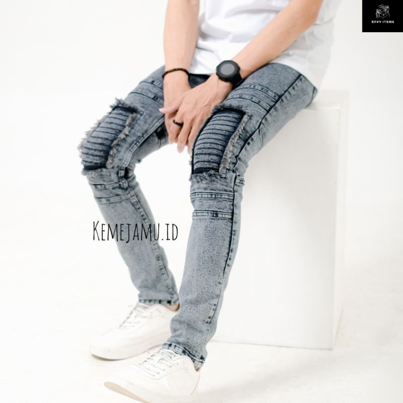 celana jeans bikers pria patch lutut skinny / celana jeans bikers pria / celana jeans bikers