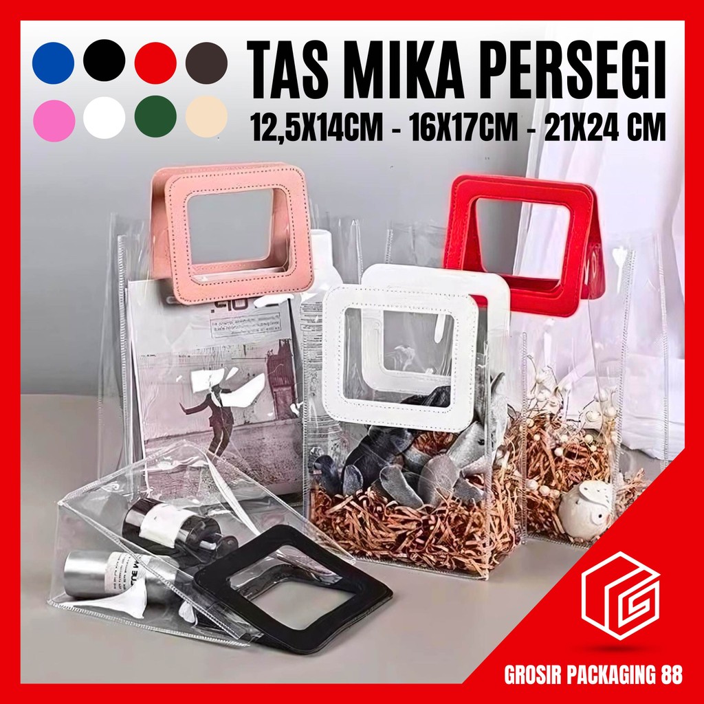 

Tas Mika PVC Transparan Handle Persegi Kulit 17x16cm 17 x 16 cm Leather Goodie Bag Kantong Souvenir Hampers Aksesoris Ulang Tahun Lebaran Aneka Warna Pegangan Premium