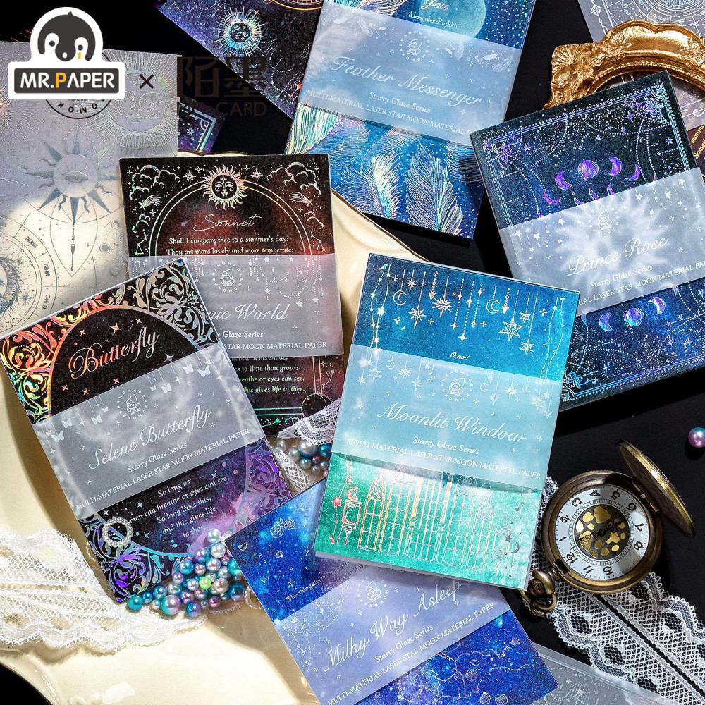 

Mr.Paper 6 Style Vintage Paper Star Moon Laser Shining Background Paper Handbook DIY Collage Room Decoration Korean Stationery