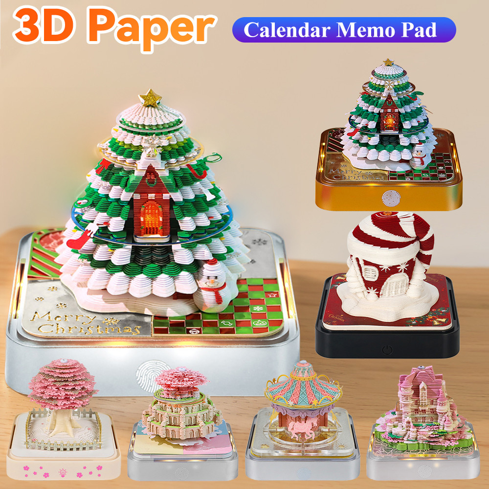 

3D Calendar Notepad Carving Art Christmas Tree Memo Pad with Lights Time Piece 3D Paper Castle Calendar Notes Pad Birthday Gifts
