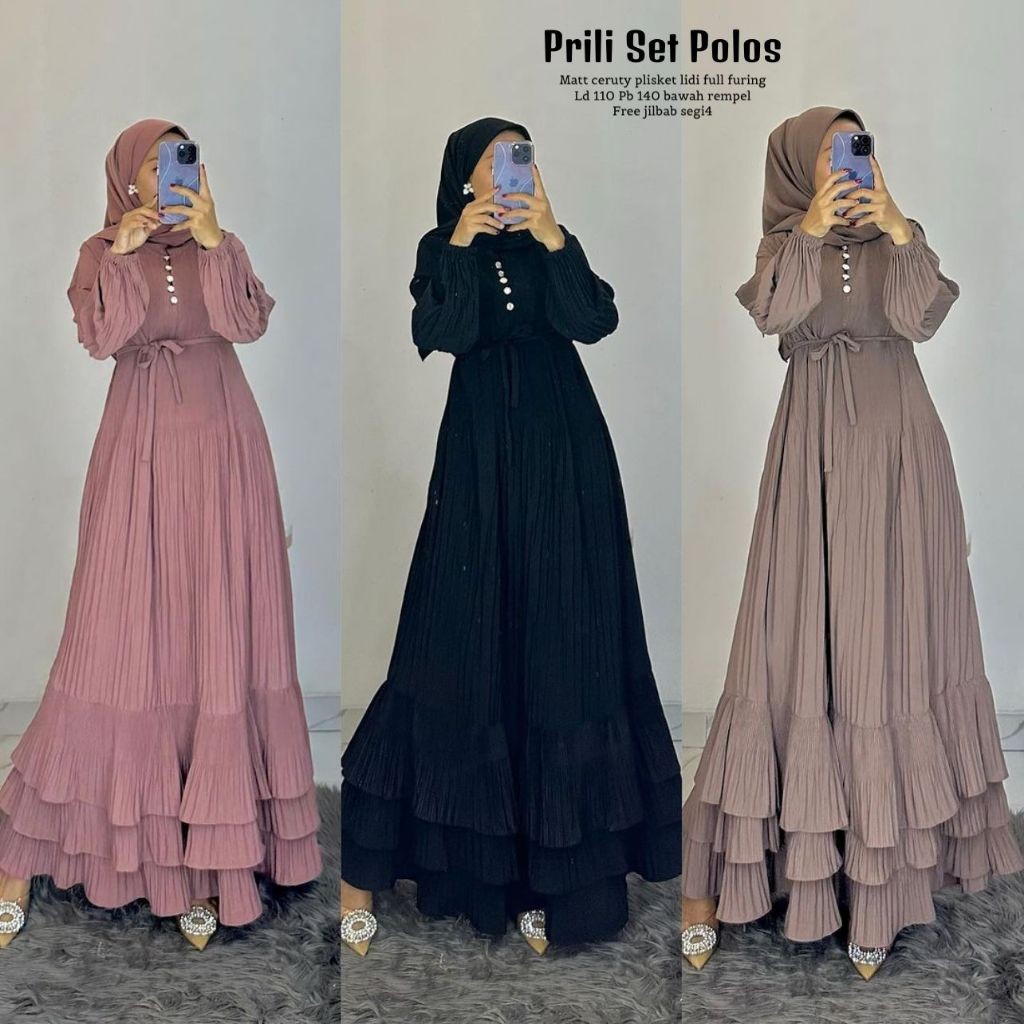 AB PRILI SET POLOS / GAMIS PLISKET CERUTY PLUS HIJAB GAMIS CANTIK KONDANGAN MEWAH
