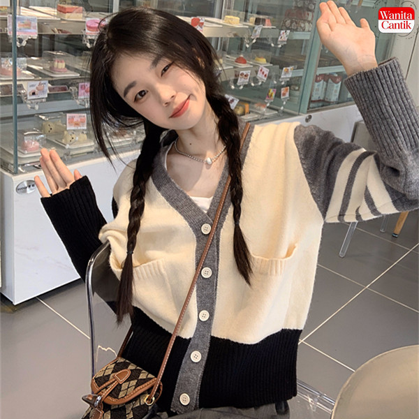 Sweater Wanita Rajut Model Korea V-Neck Lengan Panjang Motif Garis Fashion Pendek Cardigan