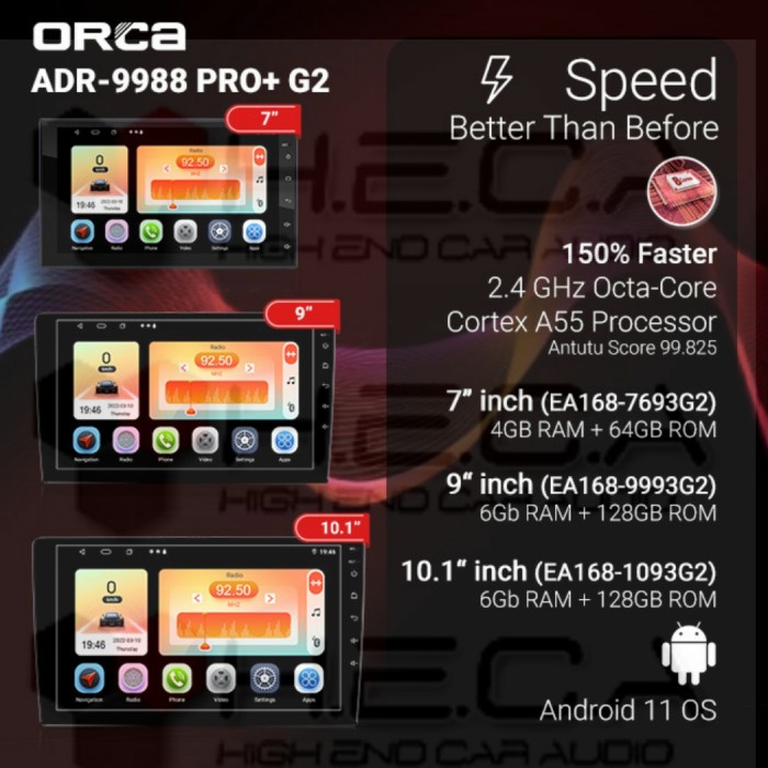 ORCA ADR-9988 PRO+ G2 6/128 GB 9 inch Head Unit Android + Dual Cam DVR