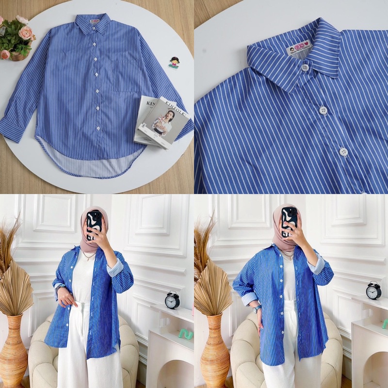 HUM - RFS Atasan Wanita Oversize  Kemeja Stripe  / SALURIA Oversize Shirt / Hem Garis Garis