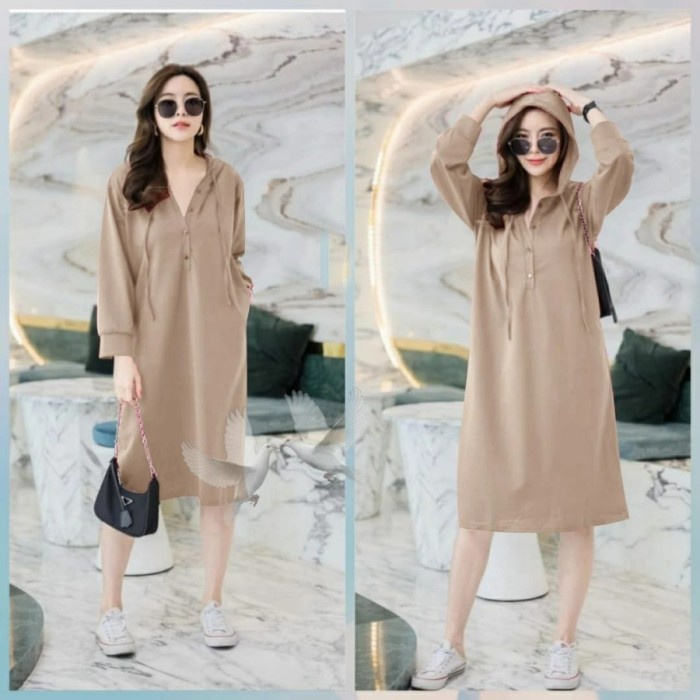 BAJU DRESS WANITA KOREA BAJU CASUAL DRES KAOS TERUSAN PEREMPUAN WILONA - Cokelat