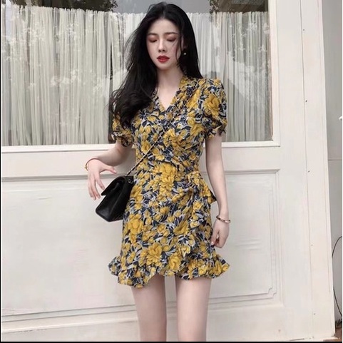 Mini Dress Rok Pendek Motif Bunga Merah dan Kuning model Ikat Kimono Style - Dres Gaun Baju Pakaian 