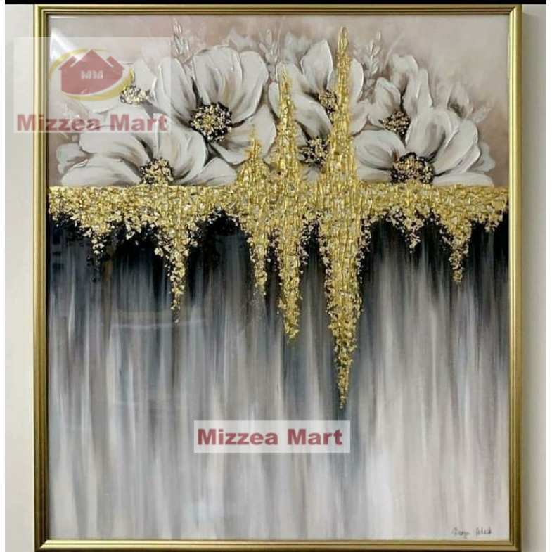 MizzeaMart lukisan gold flower abstrak ,lukisan bunga abstrak modern,lukisan bunga emas+bingkai