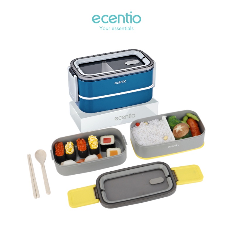 amina- ecentio Lunch Box kotak Makan Biru 1600ml portabel Double-Layers Tahan bocor tempat makan