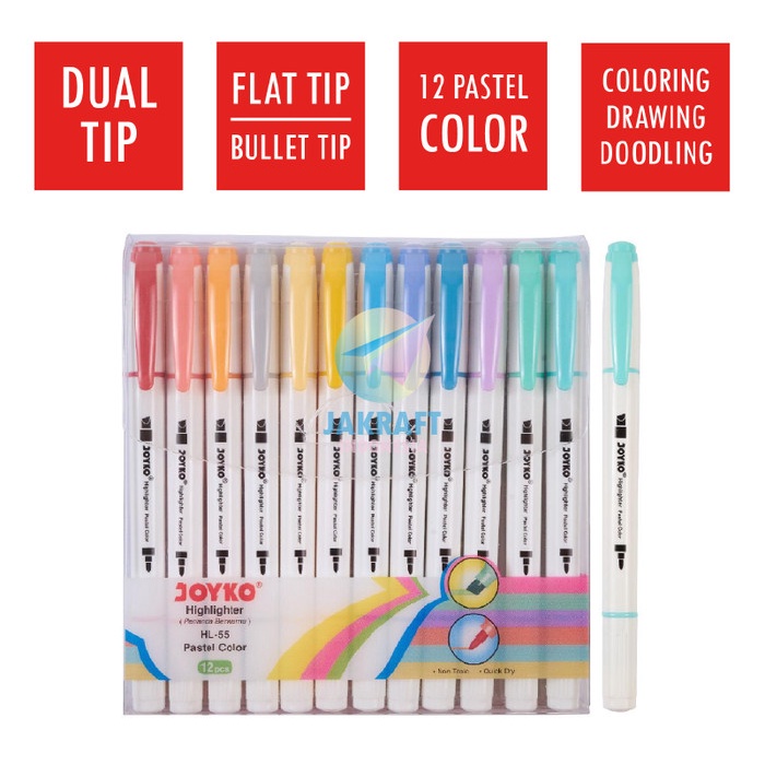 

[Terbaru] Spidol Highlighter Marker Pastel 12 Warna 2 in 1 JOYKO HL-55 Dual Tip