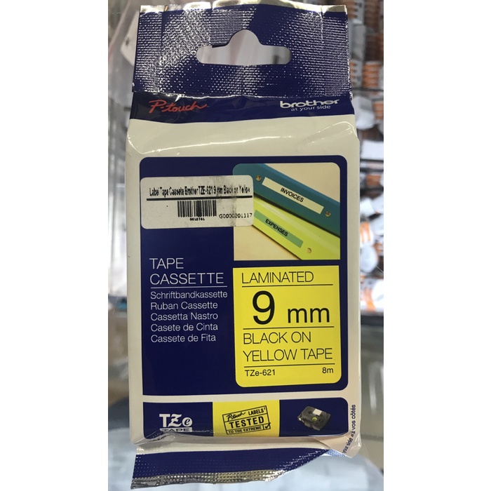

TZe-621 Brother Laminated Label 9mm Black on Yellow -RZK
