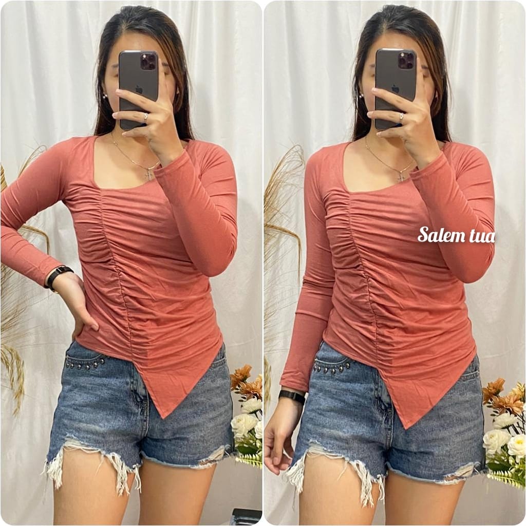 KAOS LENGAN PANJANG WANITA / KAOS SPANDEK WANITA / KAOS WANITA TERBARU//KAOS OBLIQUE KERUT LENGAN PA