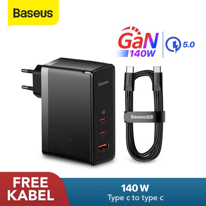 BASEUS GAN5 PRO 140W FAST CHARGER HANDPHONE ADAPTOR LAPTOP USB TYPE C - Hitam