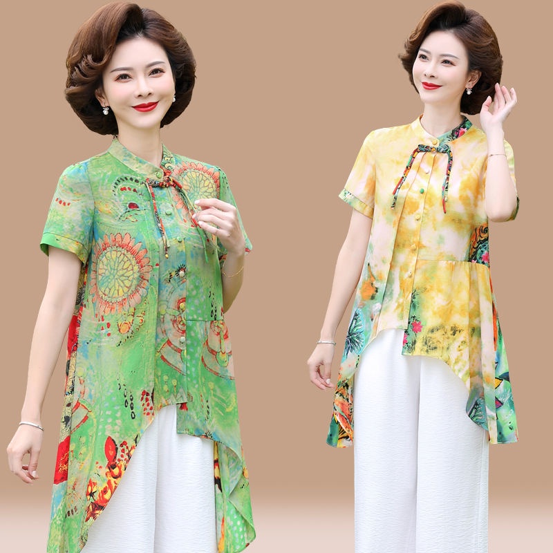 Setelan Musim Panas Ibu Paruh Baya Kemeja Sifon Lengan Pendek Di Bagian Panjang Atasan Wanita Paruh 