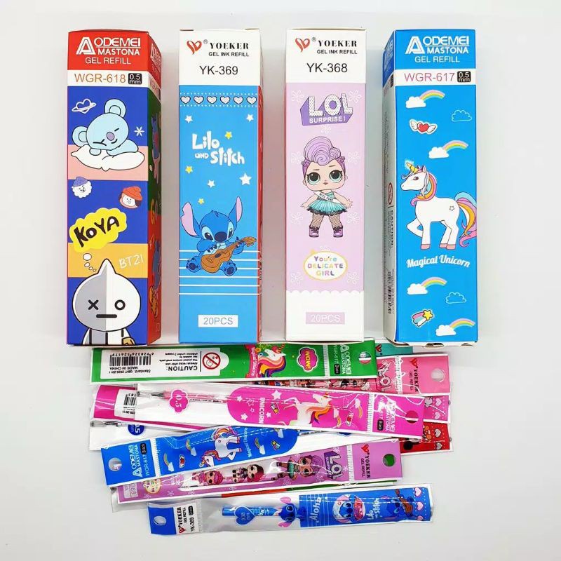 

A376-20 pcs Refill Gel Pen Tinta Isi Ulang Pulpen Gel berkarakter atau motif kartun anak unik praktis serbaguna alat tulis kantor sekolah