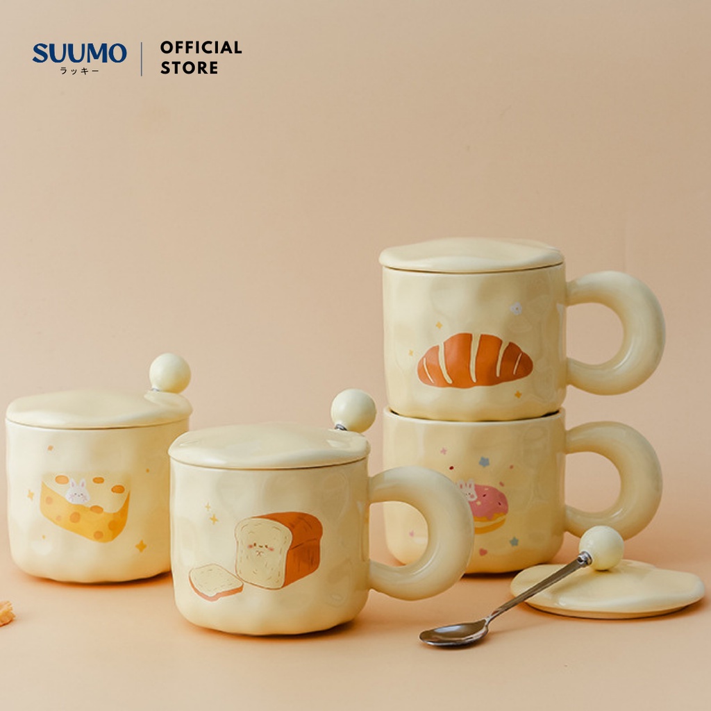Suumo Mug Teh/Kopi Keramik Korea Set Tutup dan Sendok 400ml