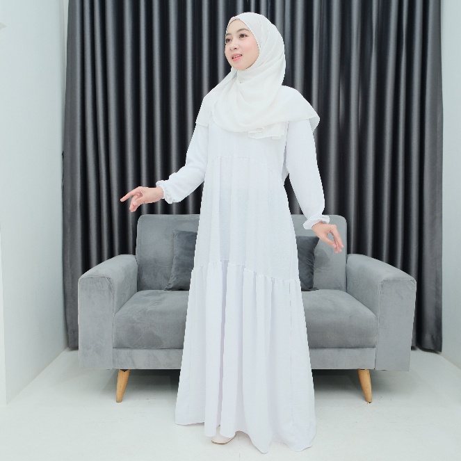 Gamis Putih Polos Susun Cringkle Airflow Dress Pengajian Ld 115