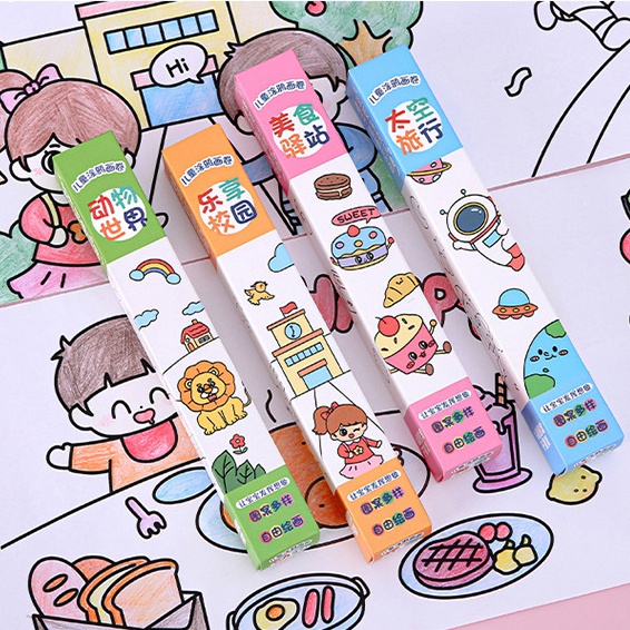 TERMURAH LEMBAR MEWARNAI ANAK 87 CM X 19,5 KEMASAN KOTAK DENGAN BERBAGAI MOTIF LUCU UNIK ATK