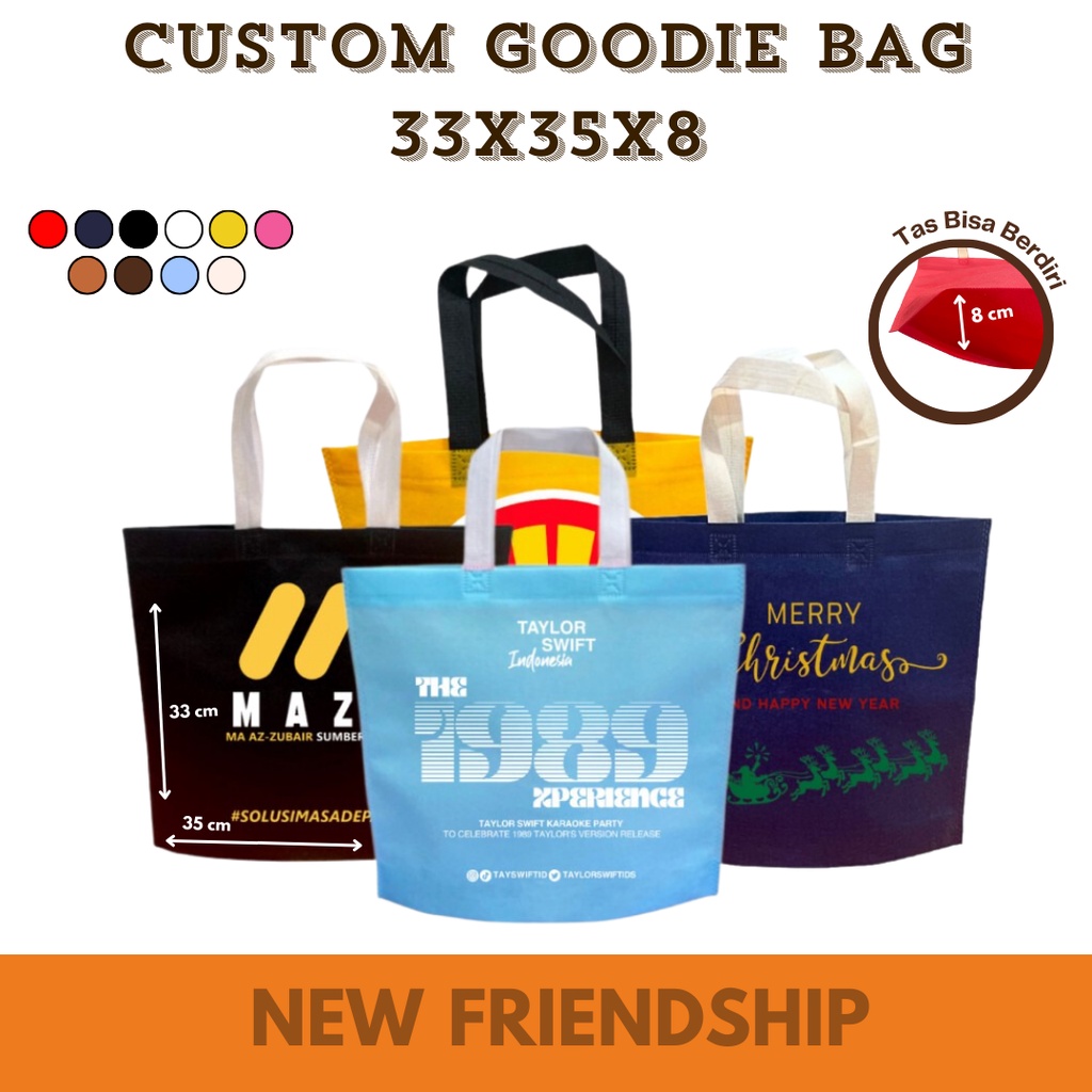 

Custom Goodie Bag Sablon Tas Spunbond 33x35x8 Handle Bawah TLB Tali 2 Warna Untuk Suvenir Ulang Tahun Tas Belanja Hajatan Nama Perusahaan NF
