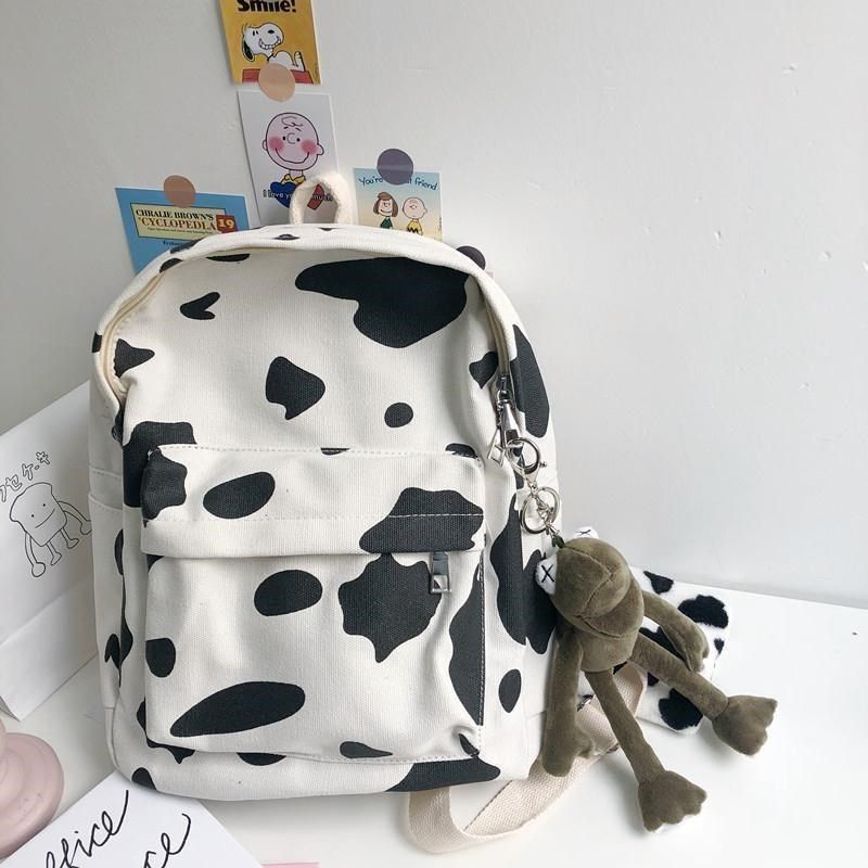 Harajuku style backpack, cute girl canvas bag with cow pattern, Korean version ulzzang soft girl bac