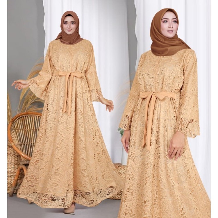 "Girya.Syo" - TERBARU Gamis Wanita Muslim Brukat Lengan Panjang - Maxi Carmila - M,L,XL,XXL - Coklat