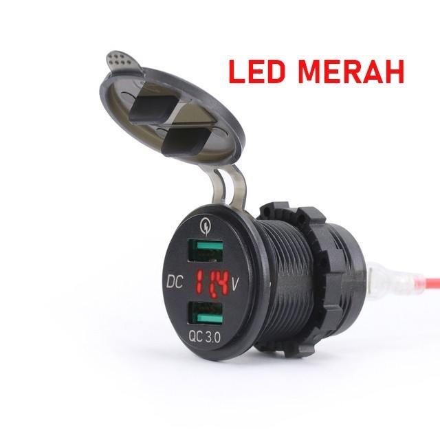 Quick Charger QC3.0 12-24V Dual Port USB & Voltmeter Waterproof - Merah