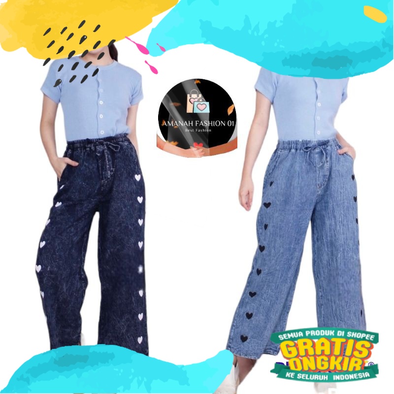 Highwaist celana kulot jeans wanita Love pants Loose//kulot jeans Love wanita panjang//jeans love pi