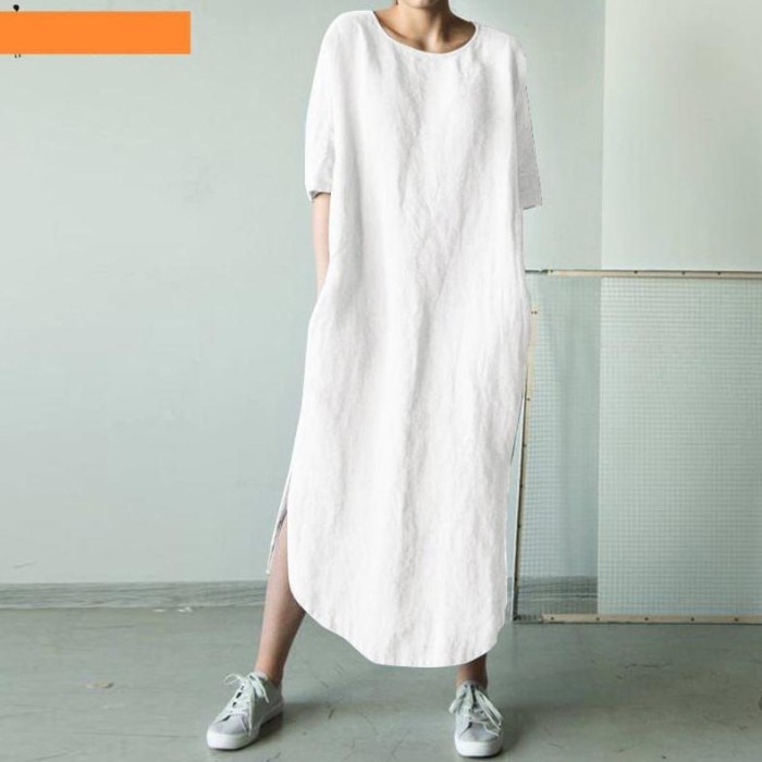 ZIZI Midi Dress Oversize Bahan Katun Linen  Midi Dres Polos - Putih, Allsize