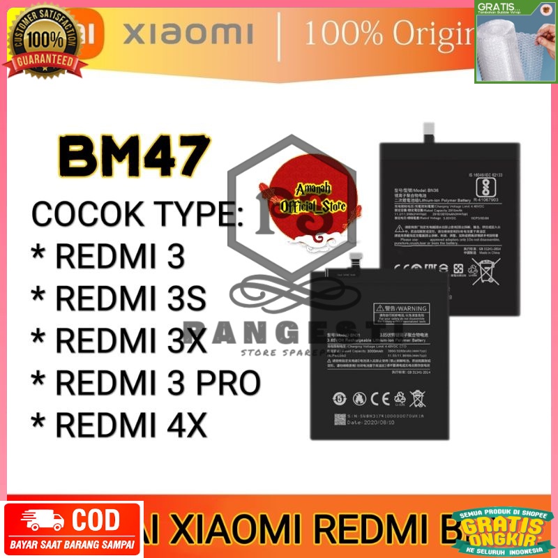 GARANSI TERMURAH Baterai Xiaomi Redmi 4X , Redmi 3 , redmi 3 pro , 3S , 3X , 3 Prime  BM47 Original 100% Bergaransi Battery